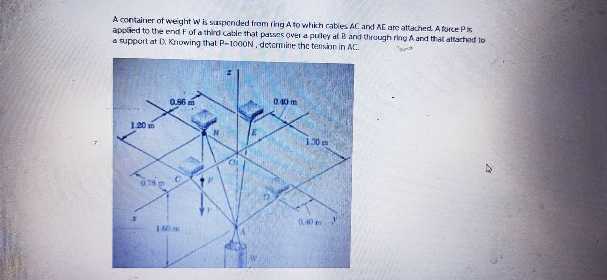 A container of weight W is suspended from ring A to which cables AC and AE are attached. A force P is
applied to the end F of a third cable that passes over a pulley at B and through ring A and that attached to
a support at D. Knowing that P=1000N , determine the tension in AC.
0.86 m
0.40 m
1.20 m
1.30 m
0.78 m
0.40 m
160 m
