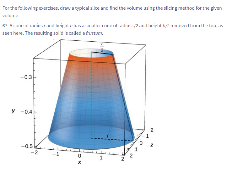 For the following exercises, draw a typical slice and find the volume using the slicing method for the given
volume.
67. A cone of radius r and height h has a smaller cone of radius r/2 and height h/2 removed from the top, as
seen here. The resulting solid is called a frustum.
-0.3
y -0.4
-2
-0.5
-2
-1
OX
0
X
1
2
1
2
0
1
Z