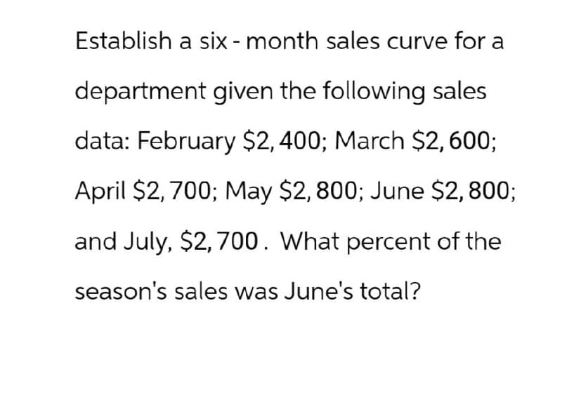 Establish a six- month sales curve for a
department given the following sales
data: February $2,400; March $2,600;
April $2,700; May $2,800; June $2,800;
and July, $2,700. What percent of the
season's sales was June's total?