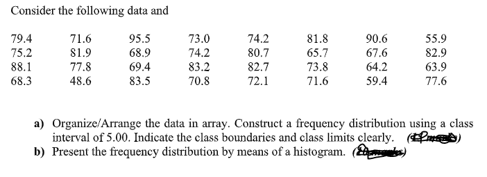 Consider the following data and
79.4
71.6
95.5
73.0
74.2
81.8
90.6
55.9
75.2
81.9
68.9
74.2
80.7
65.7
67.6
82.9
88.1
77.8
69.4
83.2
82.7
73.8
64.2
63.9
68.3
48.6
83.5
70.8
72.1
71.6
59.4
77.6
a) Organize/Arrange the data in array. Construct a frequency distribution using a class
interval of 5.00. Indicate the class boundaries and class limits clearly. (Pt
b) Present the frequency distribution by means of a histogram. (
