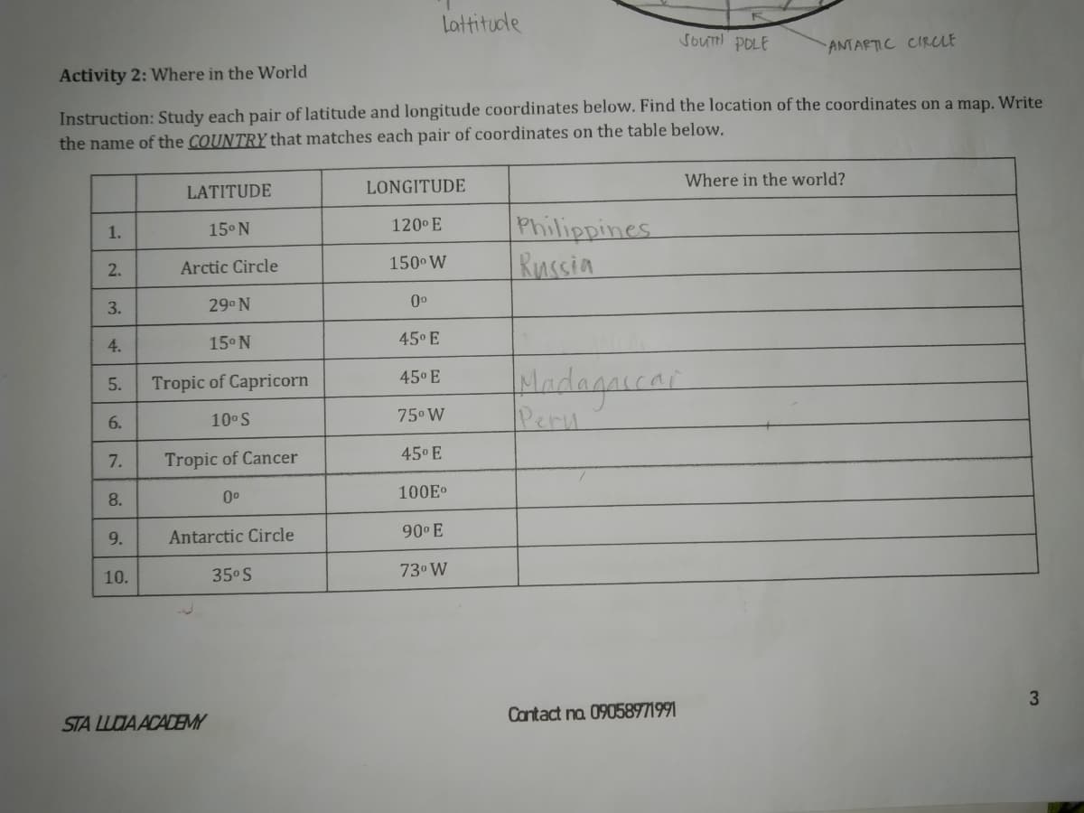 Lattitude
souttl POLE
ANTARTIC CIRCLE
Activity 2: Where in the World
Instruction: Study each pair of latitude and longitude coordinates below. Find the location of the coordinates on a map. Write
the name of the COUNTRY that matches each pair of coordinates on the table below.
LONGITUDE
Where in the world?
LATITUDE
Philippines
Russia
1.
15° N
120° E
2.
Arctic Circle
150 W
3.
29 N
0°
4.
15° N
45° E
Hadagarcar
Peru
45° E
5.
Tropic of Capricorn
6.
10° S
75° W
45° E
7.
Tropic of Cancer
8.
00
100Eo
9.
Antarctic Circle
90 E
10.
35° S
73° W
Cantact na 09058971991
STA LLDA ACACEMY
