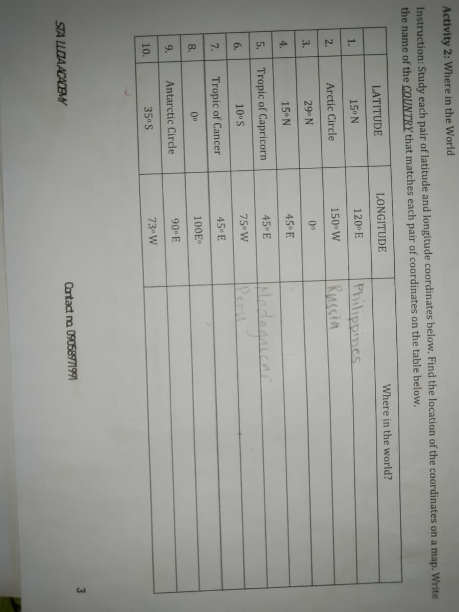 9.
4.
Activity 2: Where in the World
Instruction: Study each pair of latitude and longitude coordinates below. Find the location of the coordinates on a map. Write
the name of the COUNTRY that matches each pair of coordinates on the table below.
LATITUDE
LONGITUDE
Where in the world?
Philippines
Russia
1.
15° N
120° E
2.
Arctic Circle
150 W
3.
290 N
00
15° N
45 E
45 E
Hadagarcai
5.
Tropic of Capricorn
Pery
6.
10°S
75° W
7.
Tropic of Cancer
45° E
8.
100Eº
Antarctic Circle
90 E
10.
35° S
73° W
STA LLDA ACACEMY
Cantact na 09058971991
3

