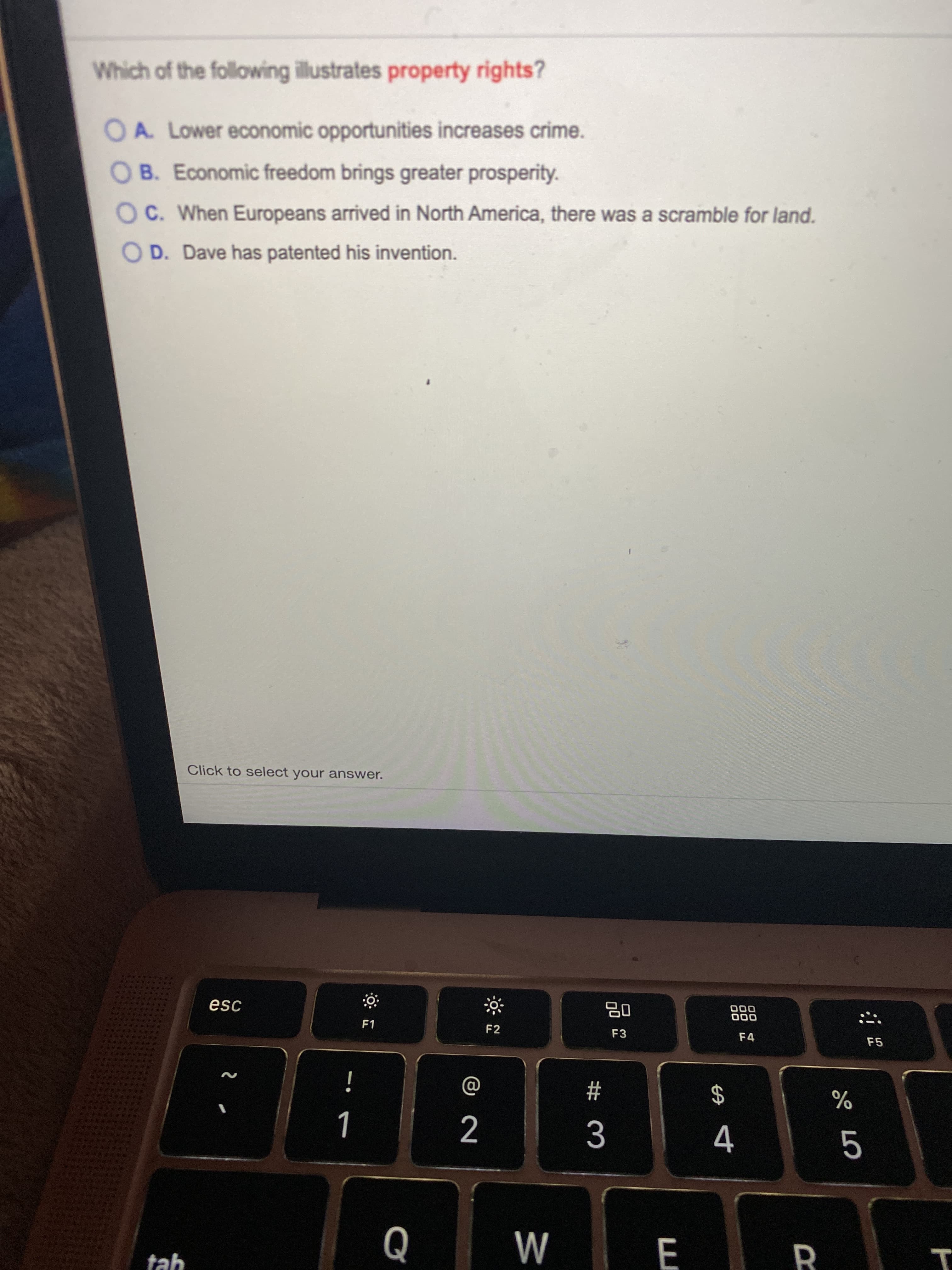 Which of the following illustrates property rights?
OA. Lower economic opportunities increases crime.
OB. Economic freedom brings greater prosperity.
OC. When Europeans arrived in North America, there was a scramble for land.
O D. Dave has patented his invention.
