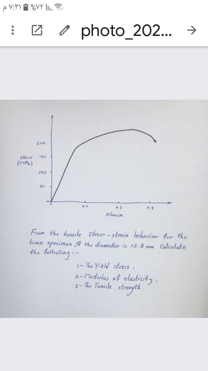 %VY lI.
photo_202...
->
200
stress
(MPa)
150
100
50
0.1
0.2
strain
From the tensile stress -strain behavior for the
brass specimen ,0 the diameter is 12-8 mm Calculat e
the followWing:-
|- The Yield stress,
2-Modulus of elasticity.
3- The Tensile strength .
