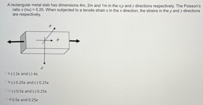 A rectangular metal slab has dimensions 4m, 2m and 1m in the x,y and z directions respectively. The Poisson's
ratio v (nu) = 0.25. When subjected to a tensile strain e in the x direction, the strains in the y and z directions
are respectively,
Oa. (-) 2e and (-) 4ɛ
Ob.(-) 0.25ɛ and (-) 0.25e
OC (-) 0.5ɛ and (-) 0.25ɛ
Od.0.5e and 0.25€
