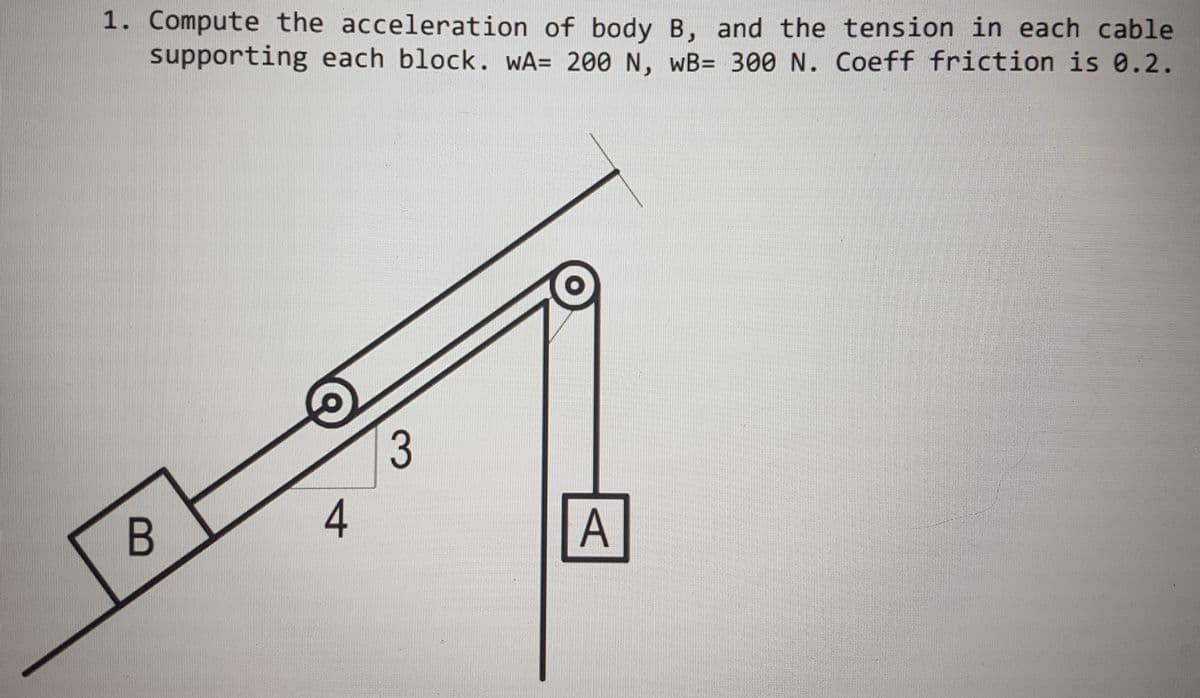 1. Compute the acceleration of body B, and the tension in each cable
supporting each block. WA= 200 N, wB= 300 N. Coeff friction is 0.2.
3
A
