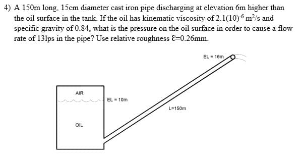 4) A 150m long, 15cm diameter cast iron pipe discharging at elevation 6m higher than
the oil surface in the tank. If the oil has kinematic viscosity of 2.1(10) m/s and
specific gravity of 0.84, what is the pressure on the oil surface in order to cause a flow
rate of 131ps in the pipe? Use relative roughness &=0.26mm.
EL - 16m
AIR
EL = 10m
L=150m
OIL
