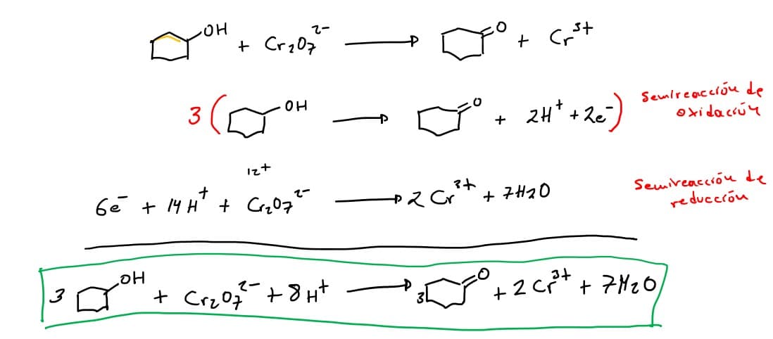 HO
+ Cr207
2-
Semireaccióu de
oxida ccúy
OH
o +
3
24* +2e)
1zt
Gē + 14 H' + Cez07"
マト
+
Semireaccióu de
reduccróu
+ CrzOq=+8Ht
+2c** + 7N20
