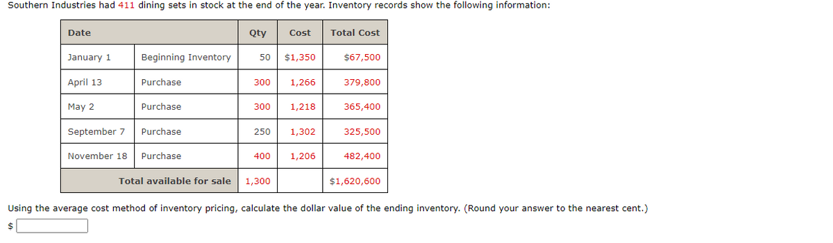 Southern Industries had 411 dining sets in stock at the end of the year. Inventory records show the following information:
Date
Qty
Cost
Total Cost
January 1
Beginning Inventory
50
$1,350
$67,500
April 13
Purchase
300
1,266
379,800
May 2
Purchase
300 1,218
365,400
September 7
Purchase
250
1,302
325,500
November 18
Purchase
400
1,206
482,400
Total available for sale
1,300
$1,620,600
Using the average cost method of inventory pricing, calculate the dollar value of the ending inventory. (Round your answer to the nearest cent.)
$