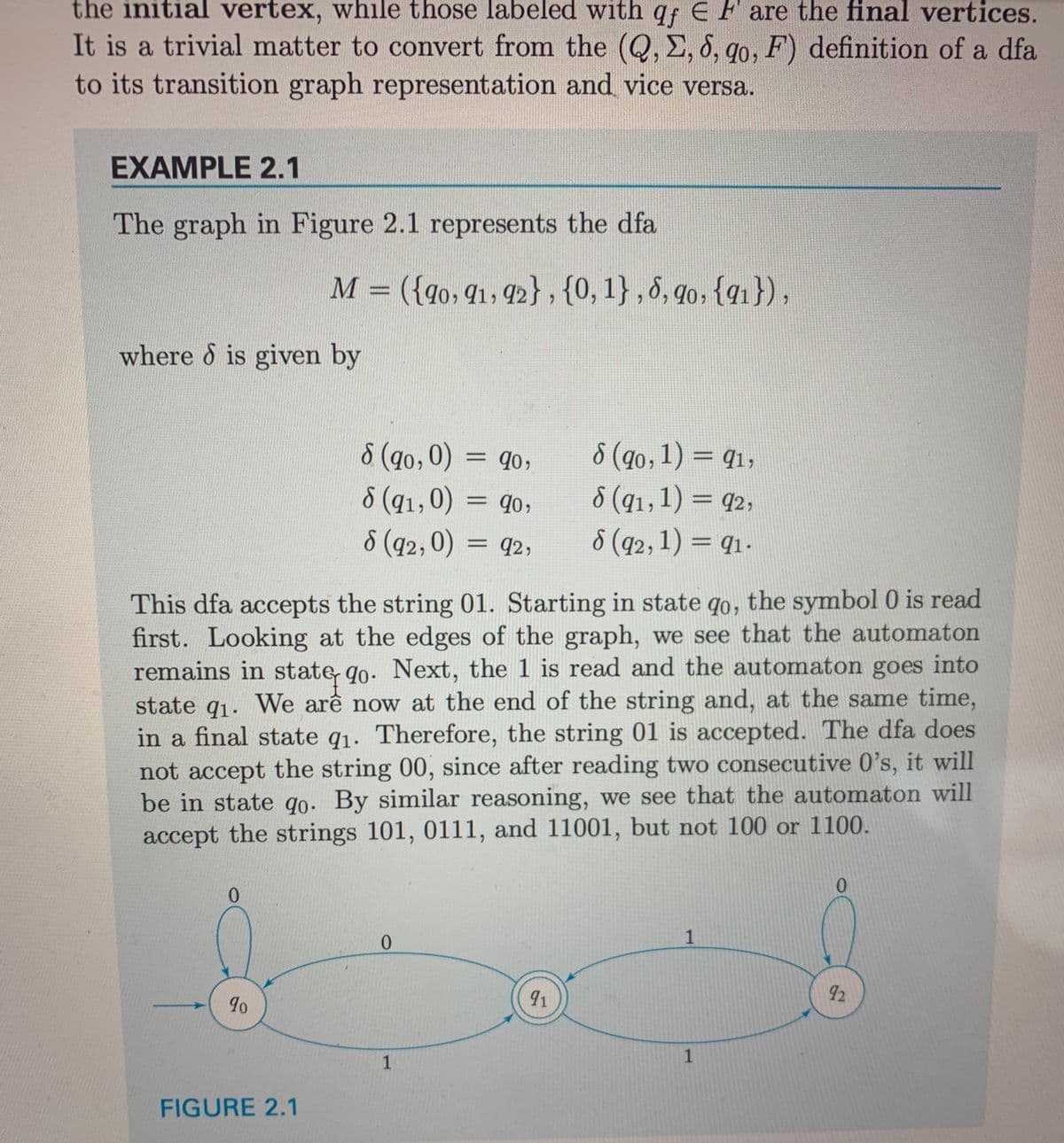 the initial vertex, while those labeled with qf E F are the final vertices.
It is a trivial matter to convert from the (Q, Σ, 6, qo, F) definition of a dfa
to its transition graph representation and vice versa.
EXAMPLE 2.1
The graph in Figure 2.1 represents the dfa
where & is given by
0
M = ({90, 91, 92}, {0, 1}, 8, 90, {91}),
90
This dfa accepts the string 01. Starting in state go, the symbol 0 is read
first. Looking at the edges of the graph, we see that the automaton
remains in state 90. Next, the 1 is read and the automaton goes into
state 91. We are now at the end of the string and, at the same time,
in a final state 9₁. Therefore, the string 01 is accepted. The dfa does
not accept the string 00, since after reading two consecutive O's, it will
be in state go. By similar reasoning, we see that the automaton will
accept the strings 101, 0111, and 11001, but not 100 or 1100.
FIGURE 2.1
8 (90,0) = 90,
8 (91,0) = 90,
8 (92,0) = 92,
0
1
8 (90, 1) = 91,
8 (91,1) = 92,
8 (92, 1) = 91.
91
1
1
92