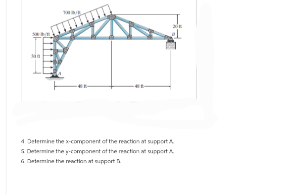 500 lb/ft
30 ft
700 lb/ft
48 ft-
48 ft
20 ft
4. Determine the x-component of the reaction at support A.
5. Determine the y-component of the reaction at support A.
6. Determine the reaction at support B.