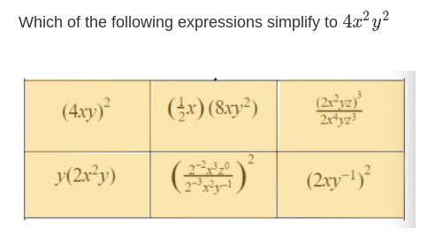 Which of the following expressions simplify to 4x y²
(4xy)
(r) (8xy²)
(2r°yz)³
2rtyz3
y(2x²y)
(2xy-1)
