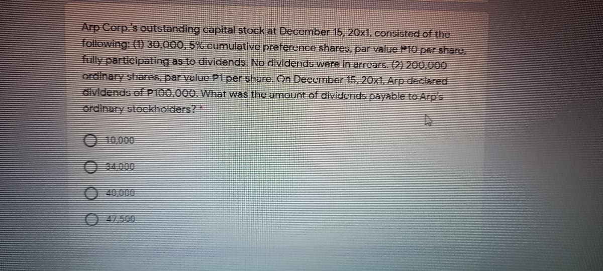 Arp Corp.s outstanding capital stock at December 15, 20x1, consisted of the
following: (1) 30,000, 5% cumulative preference shares, par value P10 per share,
fully participating as to dividends. No dividends were in arrears, (2) 200,000
ordinary shares, par value P1 per share. On December 15, 20x1, Arp declared
dividends of P100,000, What was the amount of dividends payable to Arp's
ordinary stockholders?
10,000
O 34.000
O 40.000
O 47,500
