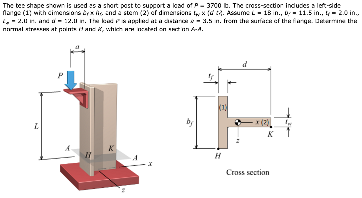 The tee shape shown is used as a short post to support a load of P = 3700 lb. The cross-section includes a left-side
flange (1) with dimensions bf x hf, and a stem (2) of dimensions tw x (d-tf). Assume L = 18 in., bf = 11.5 in., tf = 2.0 in.,
tw 2.0 in. and d = 12.0 in. The load P is applied at a distance a = 3.5 in. from the surface of the flange. Determine the
normal stresses at points H and K, which are located on section A-A.
=
L
A
H
K
Z
A
x
by
|(1)|
H
d
x (2)
K
Cross section
tw