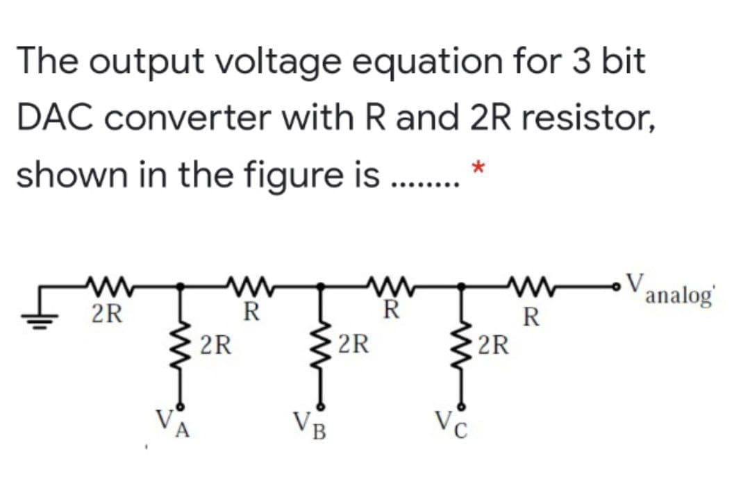 The output voltage equation for 3 bit
DAC converter with R and 2R resistor,
shown in the figure is . *
FFF
analog'
2R
R
R
R
2R
2R
2R
V
