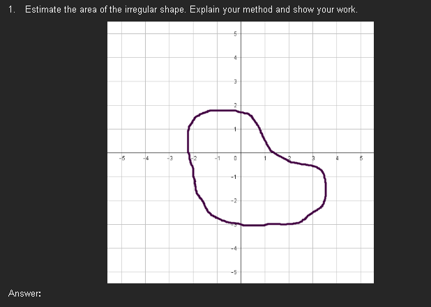 1. Estimate the area of the irregular shape. Explain your method and show your work.
Answer:
40
-4
-3
-1
5
3
0
-1
3
4
5