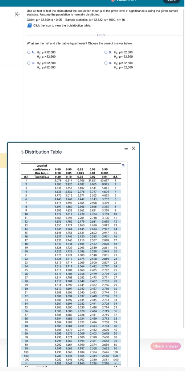 K
Use a t-test to test the claim about the population mean μ at the given level of significance a using the given sample
statistics. Assume the population is normally distributed.
Claim: μ = 52,500; x = 0.05 Sample statistics: x=52,722, s = 1600, n = 16
Click the icon to view the t-distribution table.
What are the null and alternative hypotheses? Choose the correct answer below.
OA. Ho: $ 52,500
OB. Ho: 252,500
H₂: > 52,500
H₂H<52,500
OC. Ho: 52,500
H₂: μ#52,500
t-Distribution Table
d.f.
1
2
3
4
5
6
7
8
9
10
11
12
13
14
15
16
17
18
19
20
21
22
23
24
25
26
27
28
29
30
31
88888888六合台岗UEEE8就
1000
Level of
confidence, c
One tail, a
Two tails, a
O D. Ho: 52,500
H₂: H=52,500
0.80 0.90 0.95 0.98 0.99
0.10 0.05 0.025 0.01 0.005
0.20 0.10 0.05
0.02 0.01 d.f.
3.078 6.314 12.706 31.821 63.657 1
1.886 2.920 4.303 6.965 9.925 2
1.638 2.353 3.182 4.541 5.841 3
1.533 2.132 2.776 3.747 4.604 4
1.476 2.015 2.571 3.365 4.032 5
1.440 1.943 2.447 3.143 3.707 6
1.415 1.895 2.365 2.998 3.499 7
1.397 1.860 2.306 2.896 3.355 8
1.383 1.833 2.262 2.821 3.250 9
1.372 1.812 2.228 2.764 3.169 10
1.363 1,796 2.201 2.718 3.106 11
1.356 1,782 2.179 2.681 3.055 12
1.350 1.771 2.160 2.650 3.012 13
1.345 1.761 2.145 2.624 2.977 14
1.341 1.753 2.131 2.602 2.947 15
1.337
1.746 2.120 2.583 2.921 16
1.333 1.740 2.110 2.567 2.898
17
1.330 1.734 2.101 2.552 2.878 18
1.328 1.729 2.093 2.539
2.861
19
1.325 1.725 2.086 2.528 2.845 20
1.323 1.721 2.080 2518 2.831 21
1.321 1.717 2.074 2.508
1.319 1.714 2.069 2.500 2.807 23
1.318 1.711 2.064 2.492
2.797 24
2.060 2.485 2.787 25
2.056 2.479 2.779 26
2.052 2.473 2.771 27
1.313 1.701 2.048 2.467 2.763 28
1.311 1.699 2.045 2.462
1.310 1.697 2.042 2.457
2.819 22
1.316 1.708
1.315 1,706
1.314 1,703
2.756 29
2.750 30
1.309 1.696 2.040 2.453
2.744 31
1.309 1.694 2.037 2.449 2.738 32
1.308 1.692 2.035 2.445 2.733 33
1.307 1.691 2.032 2.441 2.728 34
1.306 1.690 2.030 2.438
2.724 35
2.719 36
1.306 1.688 2.028
1.305 1.687 2.026
1,304 1.686 2.024
1.304 1.685 2.023
1.303 1.684 2.021
2.434
2.431 2.715 37
2.429 2.712 38
2.426 2.708 39
2.423 2.704 40
1.301 1.679 2.014 2.412 2.690 45
1.299 1.676 2.009
2.403 2.678 50
1.296 1.671 2.000 2.390 2.660 60
1.294
1.667 1.994 2.381 2.648 70
1.292 1.664 1.990 2.374 2.639 80
1.291 1.662 1.987 2.368
2.632 90
1.290
1.660 1.984 2.364 2.626 100
2.586 500
2.581 1000
2.576
1.283 1.648 1.965 2.334
1.282 1.646 1.962 2.330
1.282 1.645 1.960 2.326
- X
Check answer