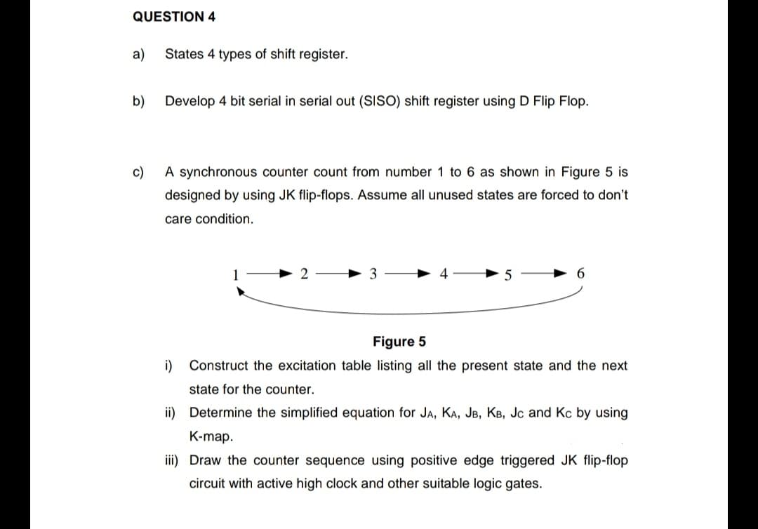 QUESTION 4
a)
States 4 types of shift register.
b)
Develop 4 bit serial in serial out (SISO) shift register using D Flip Flop.
c)
A synchronous counter count from number 1 to 6 as shown in Figure 5 is
designed by using JK flip-flops. Assume all unused states are forced to don't
care condition.
1
6.
Figure 5
i) Construct the excitation table listing all the present state and the next
state for the counter.
ii) Determine the simplified equation for JA, KA, JB, KB, Jc and Kc by using
К-map.
iii) Draw the counter sequence using positive edge triggered JK flip-flop
circuit with active high clock and other suitable logic gates.
