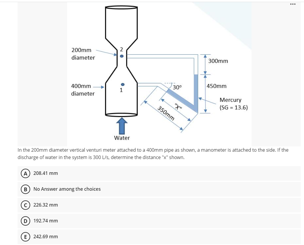 2
200mm
300mm
diameter
450mm
30°
400mm
Mercury
diameter
(SG = 13.6)
"X"
350mm
Water
In the 200mm diameter vertical venturi meter attached to a 400mm pipe as shown, a manometer is attached to the side. If the
discharge of water in the system is 300 L/s, determine the distance "x" shown.
A) 208.41 mm
B
No Answer among the choices
226.32 mm
D) 192.74 mm
E) 242.69 mm
