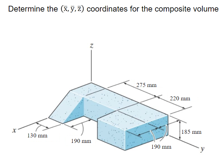 Determine the (x, y, z) coordinates for the composite volume
X
130 mm
190 mm
275 mm
220 mm
190 mm
185 mm