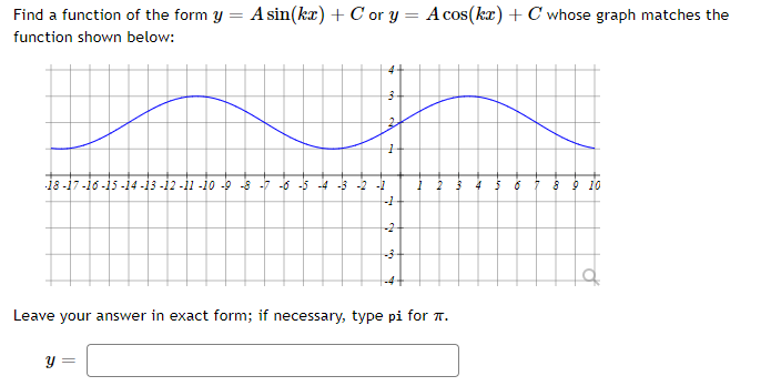 Find a function of the form y
A sin(kx) + C or y = A cos(kx) + C whose graph matches the
function shown below:
i8 -17-i6 -i5 -i4 -13 -i2 -i1 -io -b s -- -6 -5 4 -3 2
8 9 10
Leave your answer in exact form; if necessary, type pi for T.
