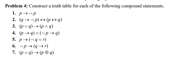 Problem 4: Construct a truth table for each of the following compound statements.
1. р> -р
2. (q →¬p) → (p> q)
3. (pvq) > (рлд)
4. (р ->9)л(-р >)
5. р>(-qvr)
6. -p → (q → r)
7. (pvq) > (рөд)
