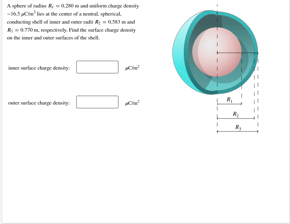 A sphere of radius R| = 0.280 m and uniform charge density
-16.5 µC/m lies at the center of a neutral, spherical,
conducting shell of inner and outer radii R2 = 0.583 m and
R3 = 0.770 m, respectively. Find the surface charge density
on the inner and outer surfaces of the shell.
inner surface charge density:
µC/m²
R1
outer surface charge density:
µC/m?
R2
R3
