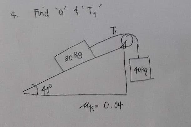 4.
Find 'a' 'T₁
A
40⁰
30 kg
T₁
= 0.04
40 ку