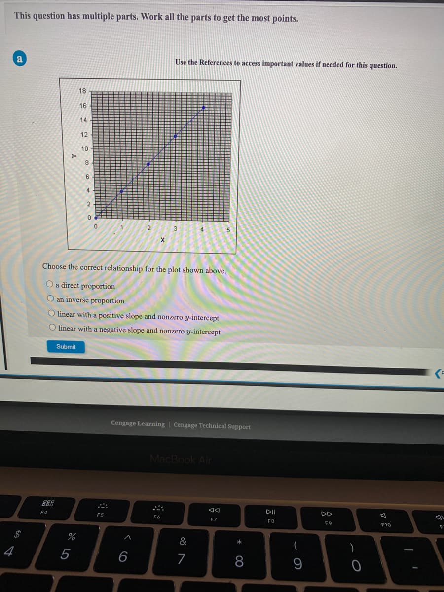 This question has multiple parts. Work all the parts to get the most points.
Use the References to access important values if needed for this question.
18
16
14
12
10
8
6
4.
Choose the correct relationship for the plot shown above.
O a direct proportion
O an inverse proportion
O linear with a positive slope and nonzero y-intercept
O linear with a negative slope and nonzero y-intercept
Submit
Cengage Learning | Cengage Technical Support
MacBook Air
DII
E5
F6
EZ
FA
F9
F10
F
2$
&
*
)
4
5
6
7
8
* 00
