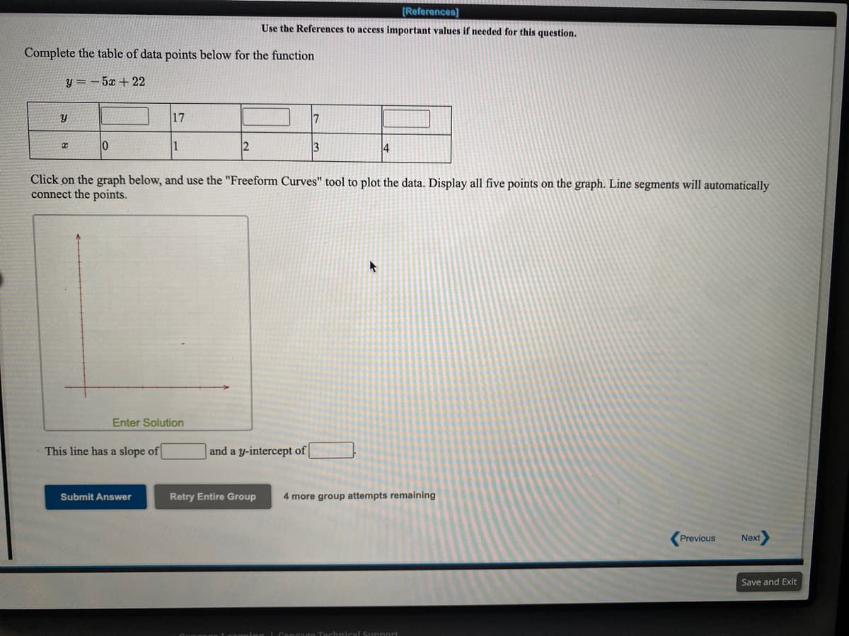 [References]
Use the References to access important values if needed for this question.
Complete the table of data points below for the function
y = -5x + 22
17
7
10
2
3
4
Click on the graph below, and use the "Freeform Curves" tool to plot the data. Display all five points on the graph. Line segments will automatically
connect the points.
Enter Solution
This line has a slope of
and a y-intercept of
Submit Answer
Retry Entire Group
4 more group attempts remaining
Previous
Next
Save and Exit
Congago Technical Sunnort
