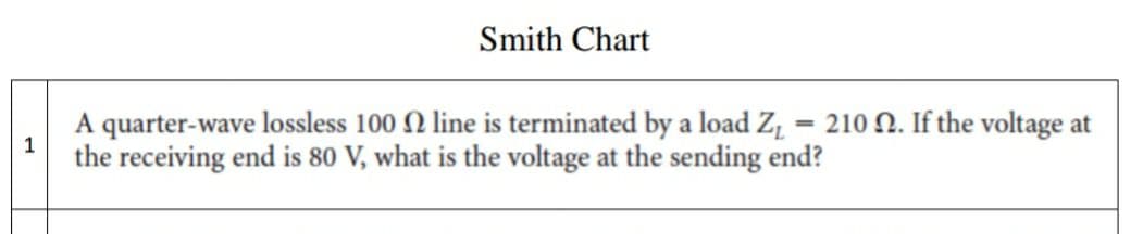 Smith Chart
A quarter-wave lossless 100 N line is terminated by a load Z,
the receiving end is 80 V, what is the voltage at the sending end?
210 N. If the voltage at
%3D
1
