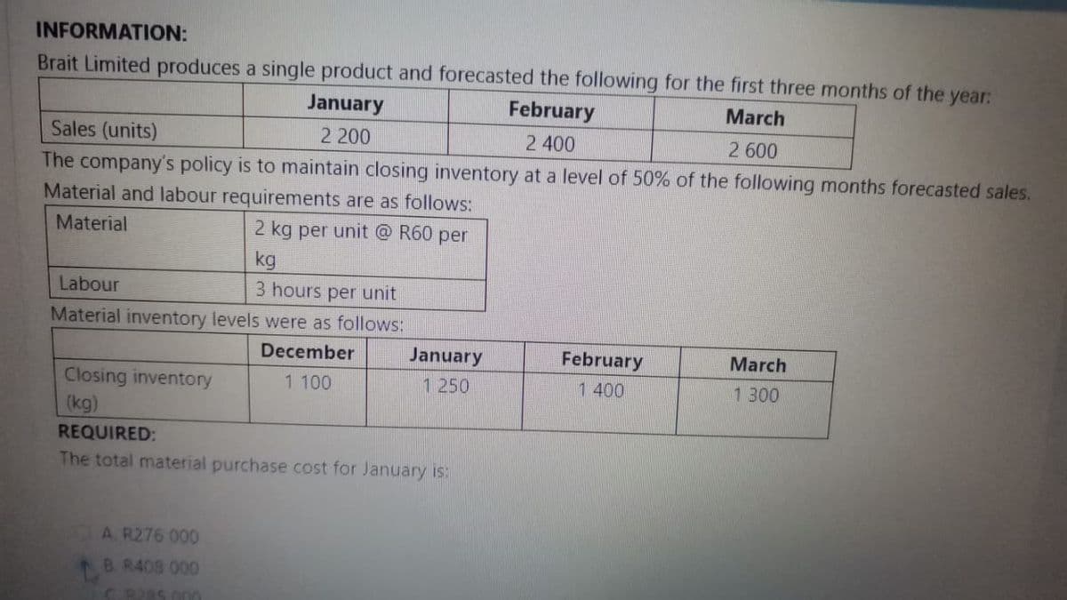 INFORMATION:
Brait Limited produces a single product and forecasted the following for the first three months of the year:
January
March
February
2 400
Sales (units)
2 200
2 600
The company's policy is to maintain closing inventory at a level of 50% of the following months forecasted sales.
Material and labour requirements are as follows:
Material
2 kg per unit @ R60 per
kg
Labour
3 hours per unit
Material inventory levels were as follows:
December
1 100
Closing inventory
(kg)
January
1 250
REQUIRED:
The total material purchase cost for January is:
A. R276 000
B. R408 000
C... 8285 000
February
1 400
March
1 300