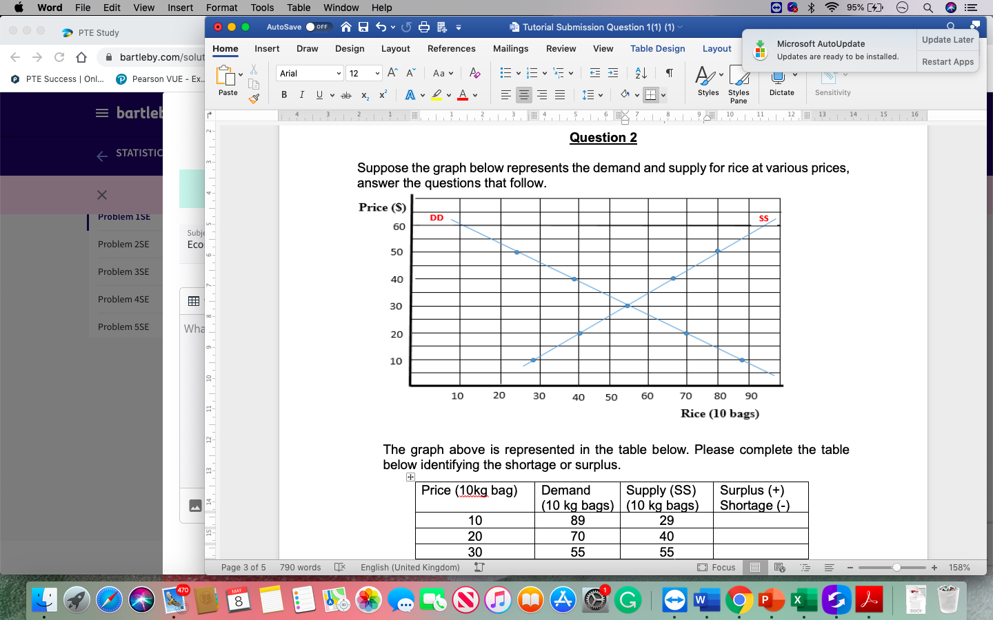 The graph above s represented in the table bekow. Plesse complete the table
below identifying the shartage or surplus.
Price (10kg bag) Domand
Supply (SS) Surplus (+)
10
20
30
(10 kg bags) (10 kg bags) Shortage )
89
70
55
29
