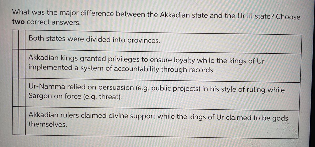 What was the major difference between the Akkadian state and the Ur III state? Choose
two correct answers.
Both states were divided into provinces.
Akkadian kings granted privileges to ensure loyalty while the kings of Ur
implemented a system of accountability through records.
Ur-Namma relied on persuasion (e.g. public projects) in his style of ruling while
Sargon on force (e.g. threat).
Akkadian rulers claimed divine support while the kings of Ur claimed to be gods
themselves.
