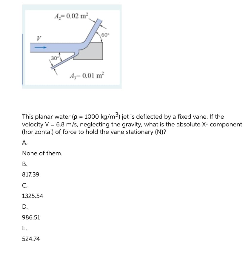 V
A₂=0.02 m²
30°
60°
A3= 0.01 m²
This planar water (p = 1000 kg/m³) jet is deflected by a fixed vane. If the
velocity V = 6.8 m/s, neglecting the gravity, what is the absolute X- component
(horizontal) of force to hold the vane stationary (N)?
A.
None of them.
B.
817.39
C.
1325.54
D.
986.51
E.
524.74