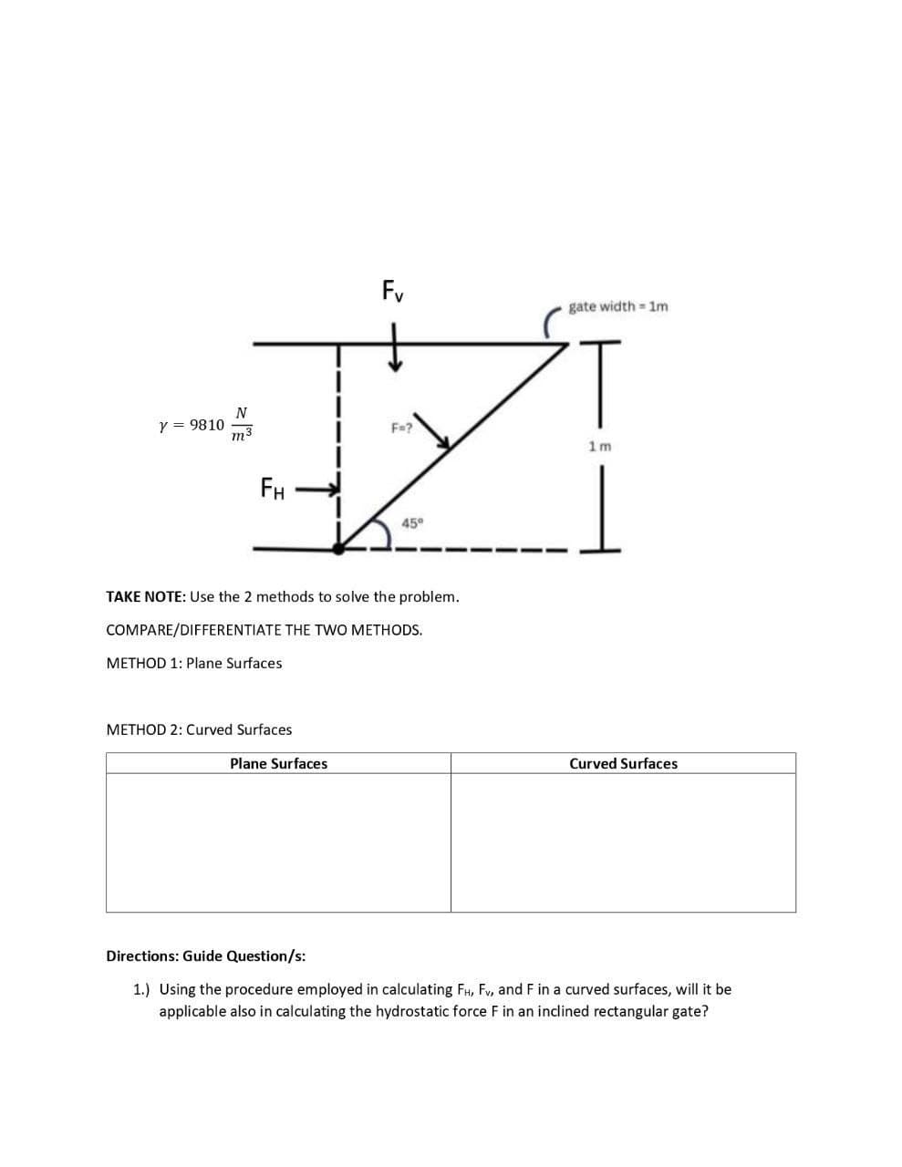 Y = 9810
N
m
FH
METHOD 1: Plane Surfaces
METHOD 2: Curved Surfaces
Fv
TAKE NOTE: Use the 2 methods to solve the problem.
COMPARE/DIFFERENTIATE THE TWO METHODS.
Plane Surfaces
F=?
45°
gate width=1m
1m
Curved Surfaces
Directions: Guide Question/s:
1.) Using the procedure employed in calculating FH, F, and F in a curved surfaces, will it be
applicable also in calculating the hydrostatic force F in an inclined rectangular gate?