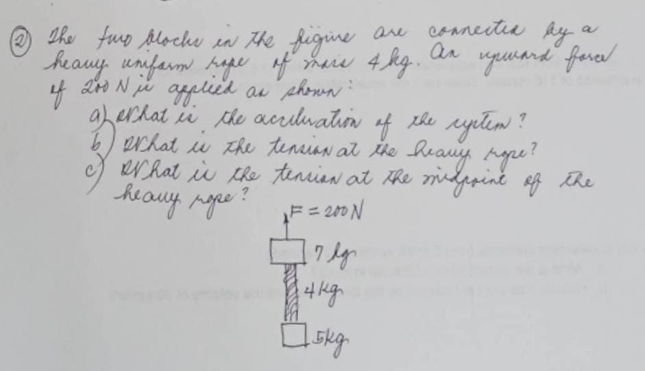 upward force
The two blocks in the figure are connected by
heavy uniform rape of mars
mais 4 kg.
of 200 N is applied as shown:
that is the acciluration
a
of the system?
b. Dthat is the tension at the heavy rope ?
c) What is the tension at the midpoint of the
heavy rose? #F= 200 N
море?
7 lg
4kg
Askg