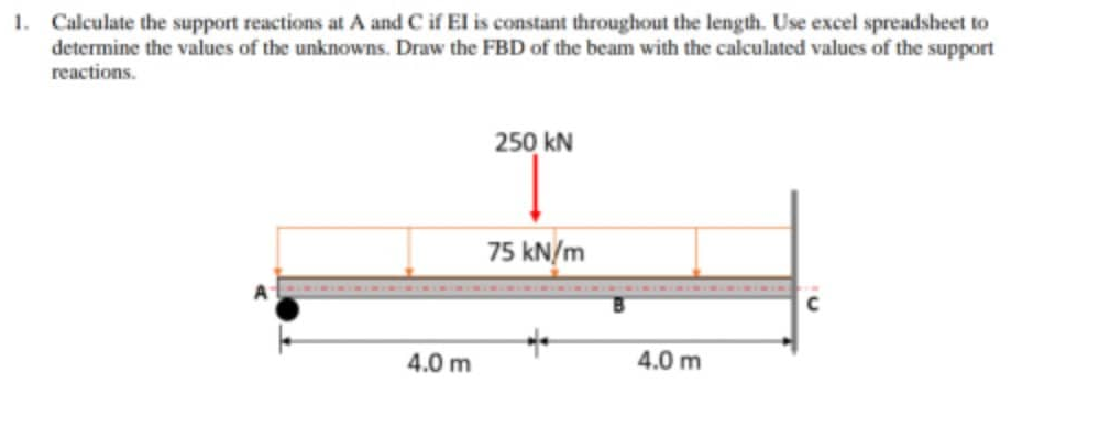 1. Calculate the support reactions at A and C if EI is constant throughout the length. Use excel spreadsheet to
determine the values of the unknowns. Draw the FBD of the beam with the calculated values of the support
reactions.
250 KN
75 kN/m
с
4.0 m
4.0 m