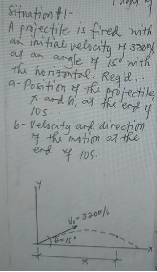 Sitnation tl-
A projectile is fired with
an imitial velocity y s20%
at an angle H ic0 mith
the horizontal.
Regid
a-Position f the projectile
A ard h, at the erd if
b-Velsaty ard direction
4 the mation at the
end f 105.
Vo- 320m/s
15"
