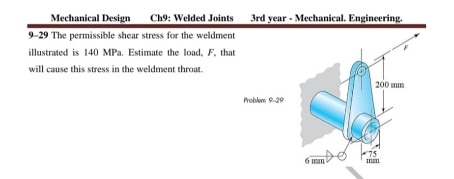 Mechanical Design Ch9: Welded Joints
9-29 The permissible shear stress for the weldment
illustrated is 140 MPa. Estimate the load, F, that
will cause this stress in the weldment throat.
3rd year - Mechanical. Engineering.
Problem 9-29
6 mm
200 mm
75
mm