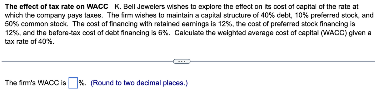 The effect of tax rate on WACC K. Bell Jewelers wishes to explore the effect on its cost of capital of the rate at
which the company pays taxes. The firm wishes to maintain a capital structure of 40% debt, 10% preferred stock, and
50% common stock. The cost of financing with retained earnings is 12%, the cost of preferred stock financing is
12%, and the before-tax cost of debt financing is 6%. Calculate the weighted average cost of capital (WACC) given a
tax rate of 40%.
The firm's WACC is %. (Round to two decimal places.)