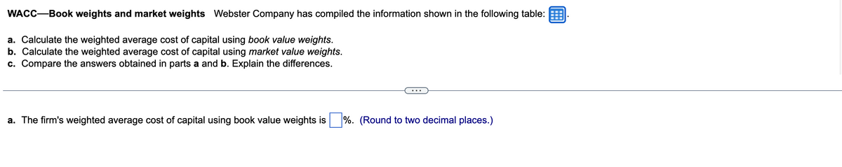WACC-Book weights and market weights Webster Company has compiled the information shown in the following table:
a. Calculate the weighted average cost of capital using book value weights.
b. Calculate the weighted average cost of capital using market value weights.
c. Compare the answers obtained in parts a and b. Explain the differences.
a. The firm's weighted average cost of capital using book value weights is
%. (Round to two decimal places.)