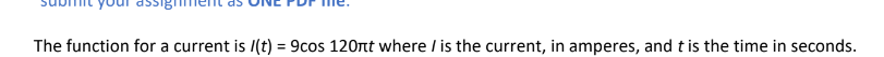 assigi
The function for a current is /(t) = 9cos 120nt where / is the current, in amperes, and t is the time in seconds.