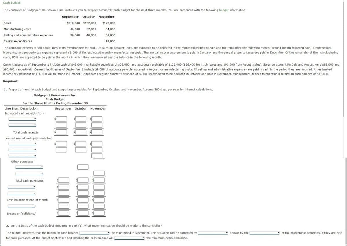 Cash budget
The controller of Bridgeport Housewares Inc. instructs you to prepare a monthly cash budget for the next three months. You are presented with the following budget information:
September October November
$110,000 $132,000 $178,000
64,000
68,000
43,000
Sales
Manufacturing costs
Selling and administrative expenses
Capital expenditures
The company expects to sell about 10% of its merchandise for cash. Of sales on account, 70% are expected to be collected in the month following the sale and the remainder the following month (second month following sale). Depreciation,
insurance, and property tax expense represent $9,000 of the estimated monthly manufacturing costs. The annual insurance premium is paid in January, and the annual property taxes are paid in December. Of the remainder of the manufacturing
costs, 80% are expected to be paid in the month in which they are incurred and the balance in the following month.
Current assets as of September 1 include cash of $42,000, marketable securities of $59,000, and accounts receivable of $122,400 ($26,400 from July sales and $96,000 from August sales). Sales on account for July and August were $88,000 and
$96,000, respectively. Current liabilities as of September 1 include $9,000 of accounts payable incurred in August for manufacturing costs. All selling and administrative expenses are paid in cash in the period they are incurred. An estimated
income tax payment of $16,000 will be made in October. Bridgeport's regular quarterly dividend of $9,000 is expected to be declared in October and paid in November. Management desires to maintain a minimum cash balance of $41,000.
Required:
1. Prepare a monthly cash budget and supporting schedules for September, October, and November. Assume 360 days per year for interest calculations.
Bridgeport Housewares Inc.
Cash Budget
For the Three Months Ending November 30
Line Item Description
Estimated cash receipts from:
Total cash receipts
Less estimated cash payments for:
Other purposes:
46,000 57,000
39,000 40,000
Total cash payments
Cash balance at end of month
Excess or (deficiency)
September October November
88
2. On the basis of the cash budget prepared in part (1), what recommendation should be made to the controller?
The budget indicates that the minimum cash balance)
for such purposes. At the end of September and October, the cash balance will
be maintained in November. This situation can be corrected by
the minimum desired balance.
and/or by the
of the marketable securities, if they are held