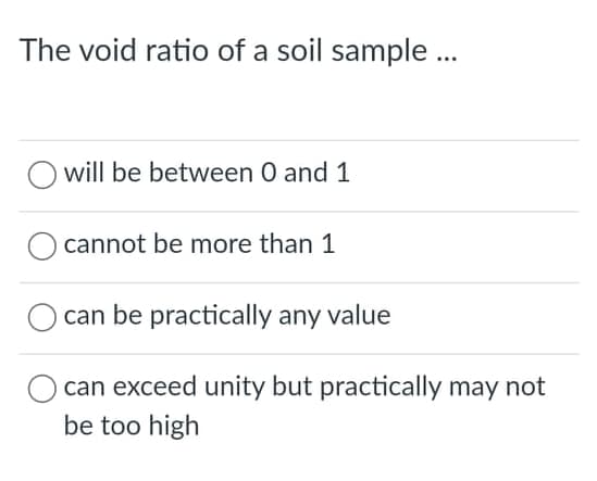 The void ratio of a soil sample ..
will be between 0 and 1
cannot be more than 1
can be practically any value
can exceed unity but practically may not
be too high
