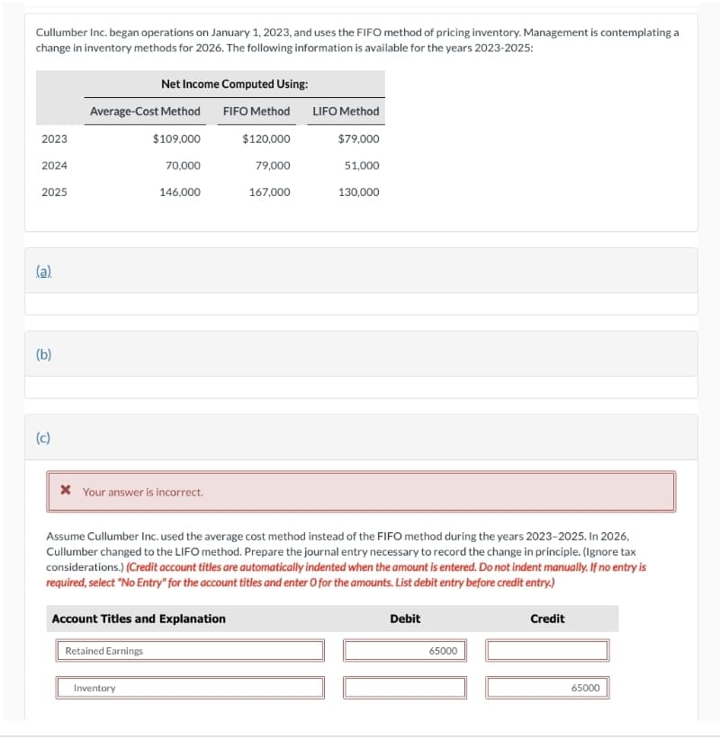 Cullumber Inc. began operations on January 1, 2023, and uses the FIFO method of pricing inventory. Management is contemplating a
change in inventory methods for 2026. The following information is available for the years 2023-2025:
2023
2024
2025
(a)
(b)
(c)
Average-Cost Method
$109,000
70,000
146,000
Net Income Computed Using:
FIFO Method
$120,000
79,000
167,000
* Your answer is incorrect.
Account Titles and Explanation
Retained Earnings
Assume Cullumber Inc. used the average cost method instead of the FIFO method during the years 2023-2025. In 2026,
Cullumber changed to the LIFO method. Prepare the journal entry necessary to record the change in principle. (Ignore tax
considerations.) (Credit account titles are automatically indented when the amount is entered. Do not indent manually. If no entry is
required, select "No Entry" for the account titles and enter O for the amounts. List debit entry before credit entry.)
Inventory
LIFO Method
$79,000
51,000
130,000
Debit
65000
Credit
65000