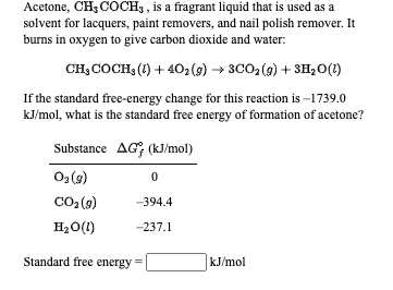 Acetone, CH3 COCH3 , is a fragrant liquid that is used as a
solvent for lacquers, paint removers, and nail polish remover. It
burns in oxygen to give carbon dioxide and water:
CH; COCH, (1) + 402(9) → 300, (9) + 3H,0(1)
If the standard free-energy change for this reaction is –1739.0
kJ/mol, what is the standard free energy of formation of acetone?
Substance AG; (kJ/mol)
O2 (9)
Co2(9)
-394.4
H20(1)
-237.1
Standard free energy =
|kJ/mol
