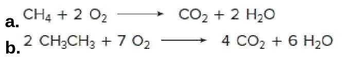 CH4 + 2 02
a.
CO2 + 2 H20
2 CH3CH3 + 7 02
4 CO2 + 6 H20
b.
