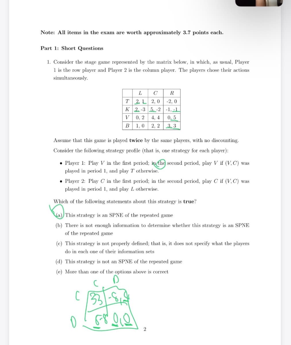 Note: All items in the exam are worth approximately 3.7 points each.
Part 1: Short Questions
1. Consider the stage game represented by the matrix below, in which, as usual, Player
1 is the row player and Player 2 is the column player. The players chose their actions
simultaneously.
L
C
R
T2L2, 0
-2, 0
K 2-3 5-2
-1,-1
V 0,2 4, 4
0,5
B
1,0
2, 2
3.3
Assume that this game is played twice by the same players, with no discounting.
Consider the following strategy profile (that is, one strategy for each player):
Player 1: Play V in the first period; in the second period, play V if (V, C) was
played in period 1, and play 7 otherwise.
Player 2: Play C in the first period; in the second period, play C if (V,C) was
played in period 1, and play L otherwise.
Which of the following statements about this strategy is true?
This strategy is an SPNE of the repeated game
(b) There is not enough information to determine whether this strategy is an SPNE
of the repeated game
(c) This strategy is not properly defined; that is, it does not specify what the players
do in each one of their information sets
(d) This strategy is not an SPNE of the repeated game
(e) More than one of the options above is correct
C
90
2