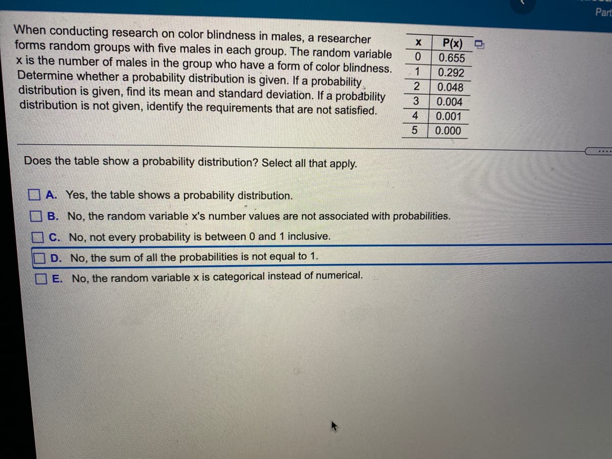 Part
When conducting research on color blindness in males, a researcher
forms random groups with five males in each group. The random variable
x is the number of males in the group who have a form of color blindness.
Determine whether a probability distribution is given. If a probability
distribution is given, find its mean and standard deviation. If a probability
distribution is not given, identify the requirements that are not satisfied.
P(x) O
0.655
1
0.292
2
0.048
3
0.004
4
0.001
0.000
Does the table show a probability distribution? Select all that apply.
A. Yes, the table shows a probability distribution.
B. No, the random variable x's number values are not associated with probabilities.
C. No, not every probability is between 0 and
inclusive.
D. No, the sum of all the probabilities is not equal to 1.
E. No, the random variable x is categorical instead of numerical.
